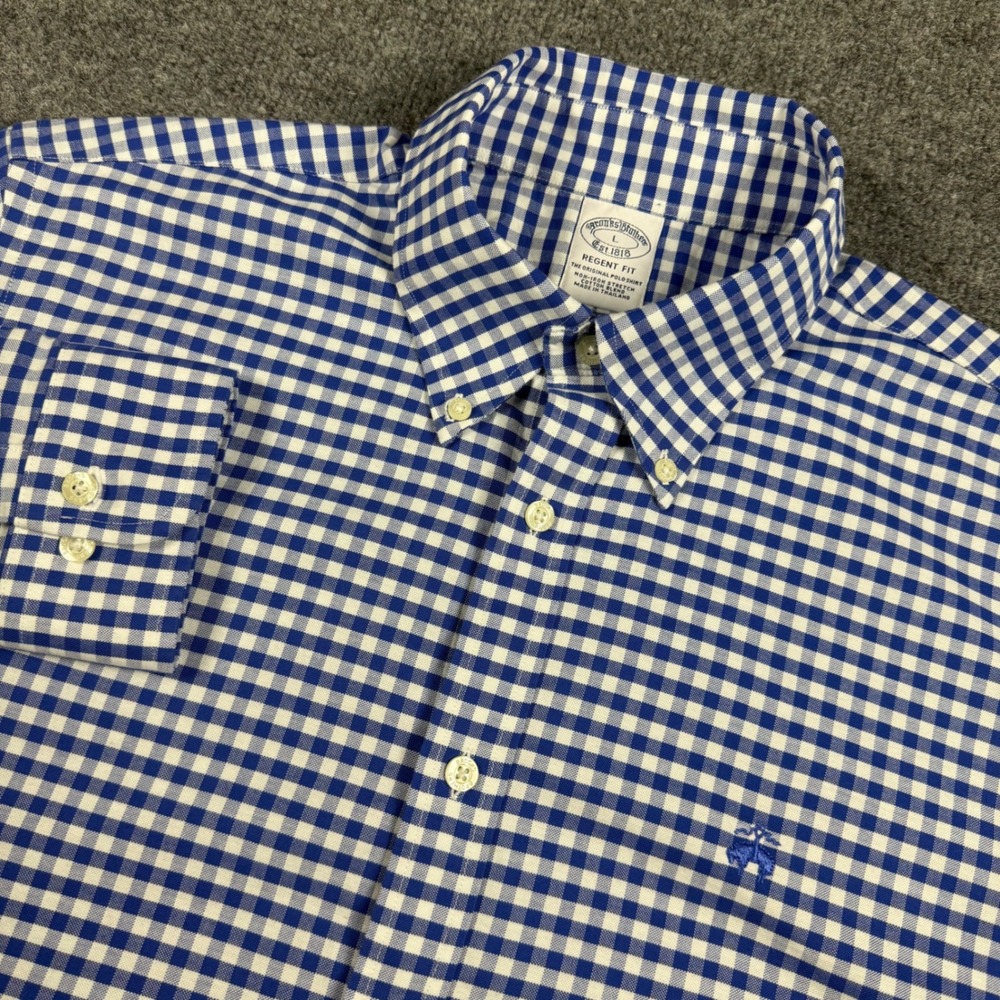 Brooks Brothers Regent Fit Blue Gingham Non-Iron Stretch Shirt Mens Large L